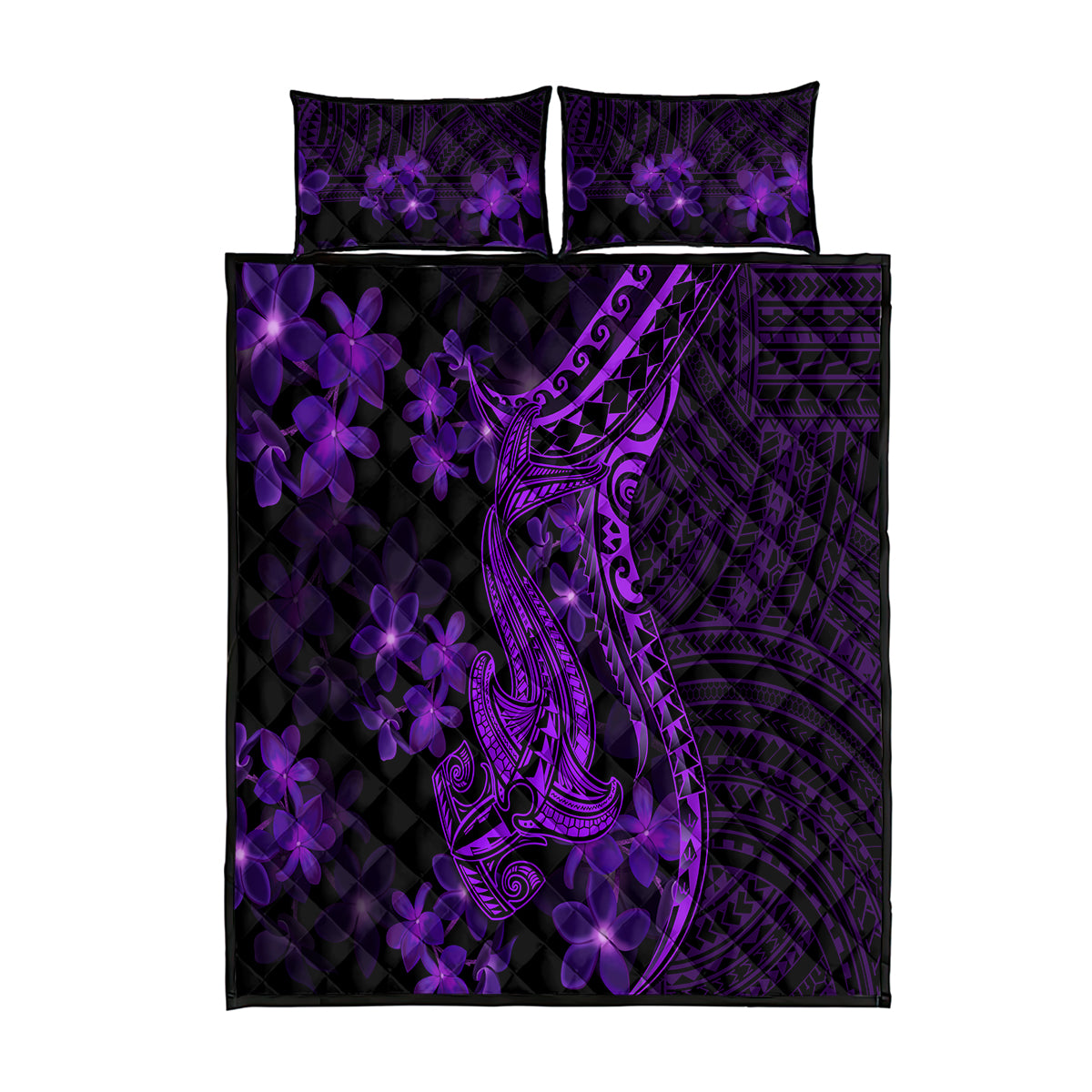 Purple Polynesia Shark Tattoo Quilt Bed Set With Polynesian Plumeria - Wonder Print Shop