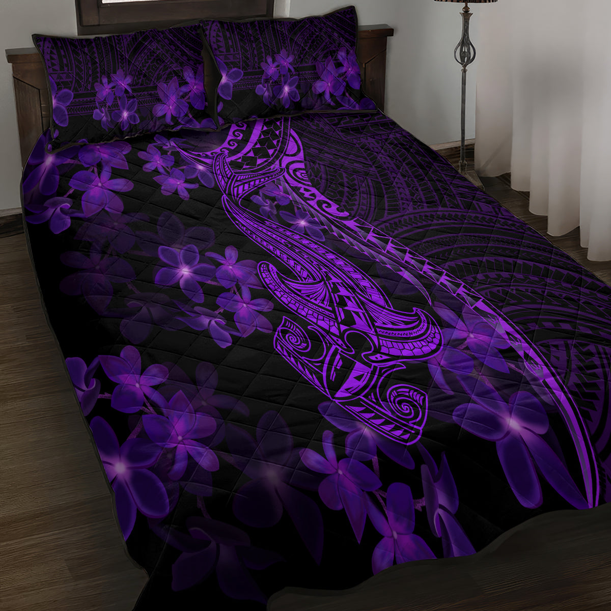 Purple Polynesia Shark Tattoo Quilt Bed Set With Polynesian Plumeria - Wonder Print Shop