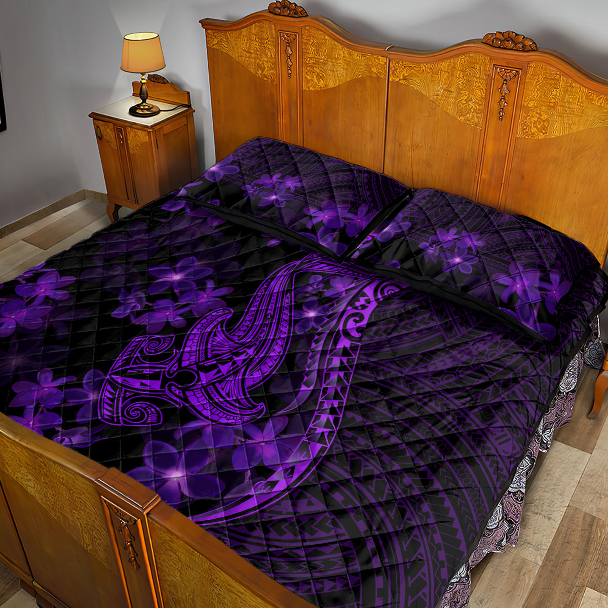 Purple Polynesia Shark Tattoo Quilt Bed Set With Polynesian Plumeria - Wonder Print Shop