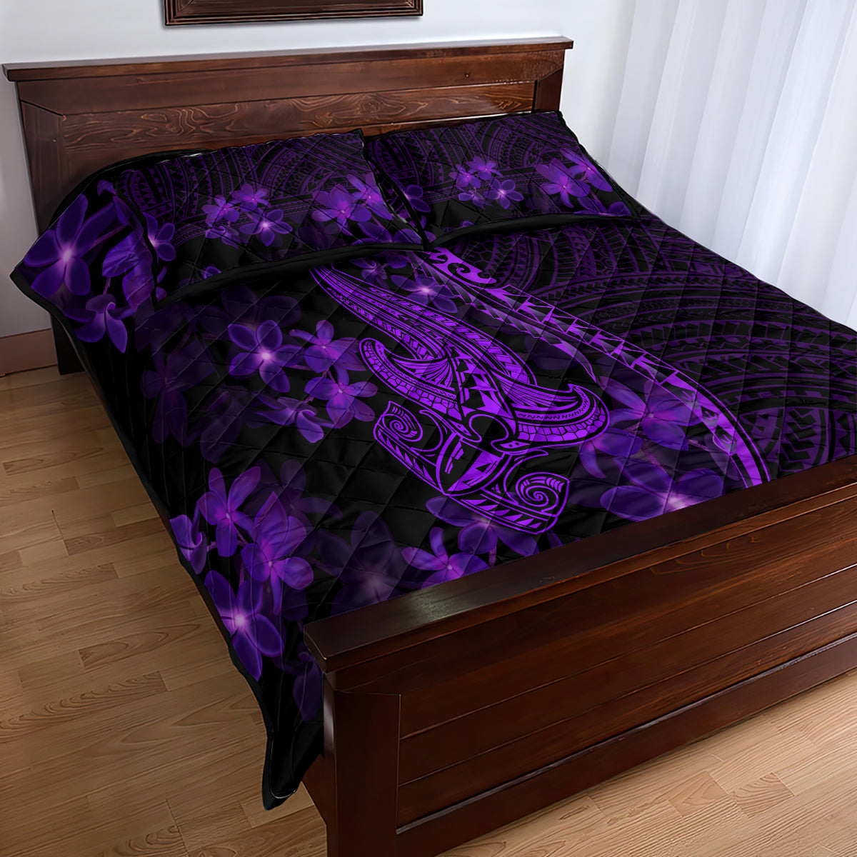Purple Polynesia Shark Tattoo Quilt Bed Set With Polynesian Plumeria - Wonder Print Shop
