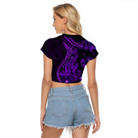 Purple Polynesia Shark Tattoo Raglan Cropped T Shirt With Polynesian Plumeria - Wonder Print Shop