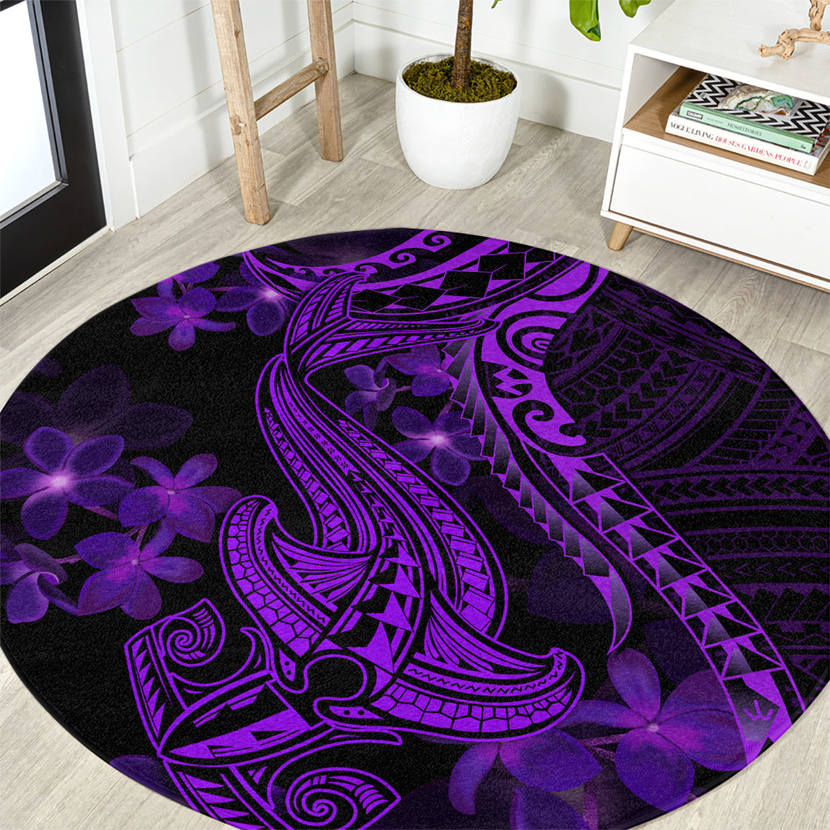 purple-polynesia-shark-tattoo-round-carpet-with-polynesian-plumeria