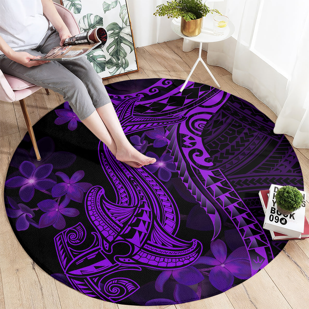 purple-polynesia-shark-tattoo-round-carpet-with-polynesian-plumeria