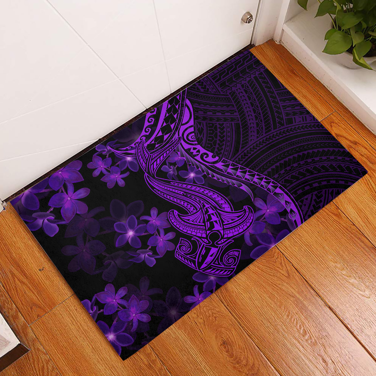 Purple Polynesia Shark Tattoo Rubber Doormat With Polynesian Plumeria - Wonder Print Shop