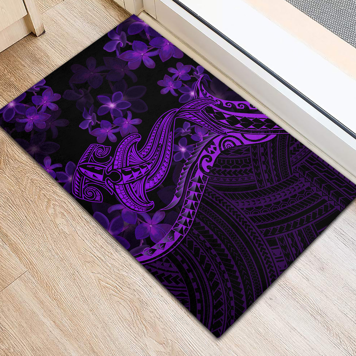 Purple Polynesia Shark Tattoo Rubber Doormat With Polynesian Plumeria - Wonder Print Shop