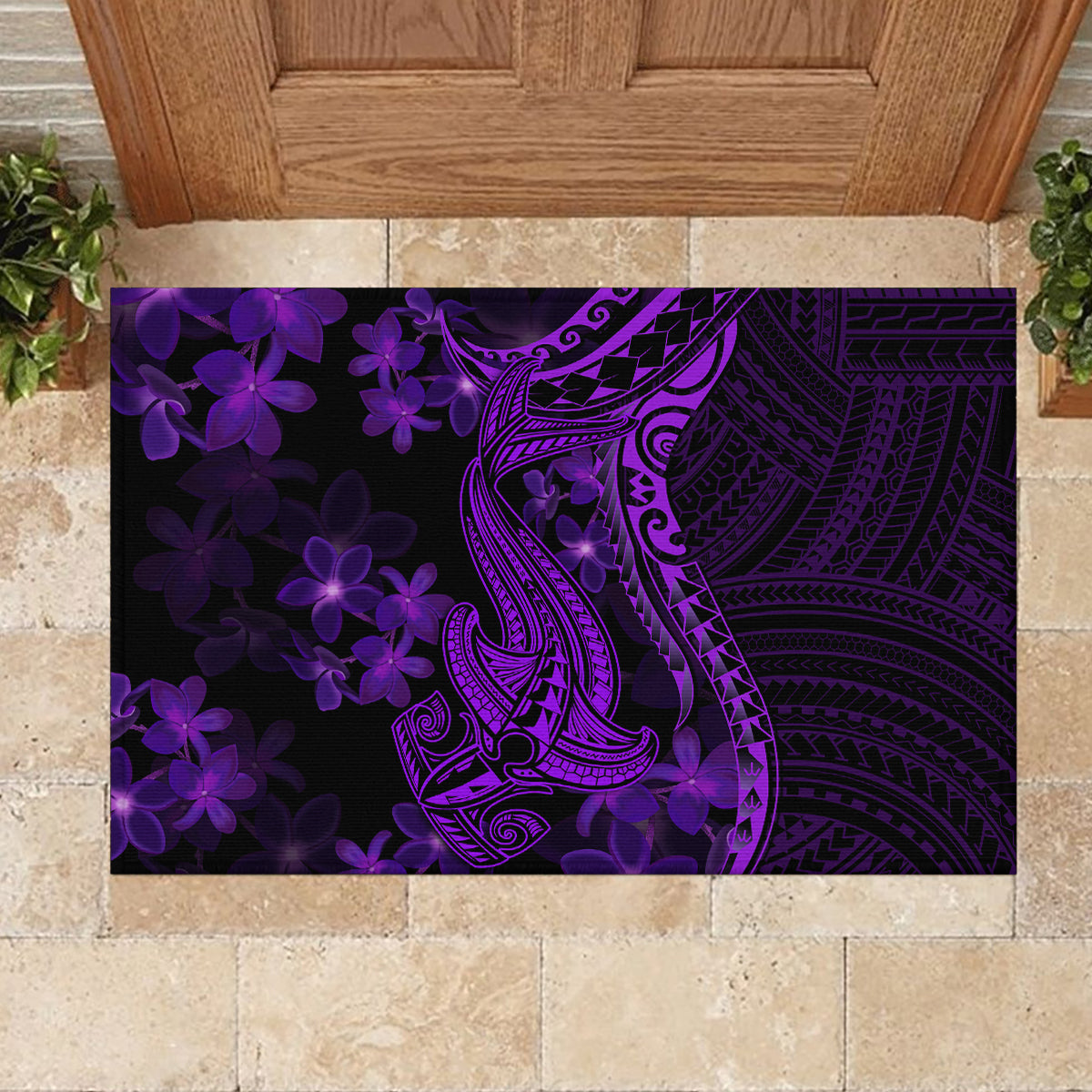 Purple Polynesia Shark Tattoo Rubber Doormat With Polynesian Plumeria - Wonder Print Shop