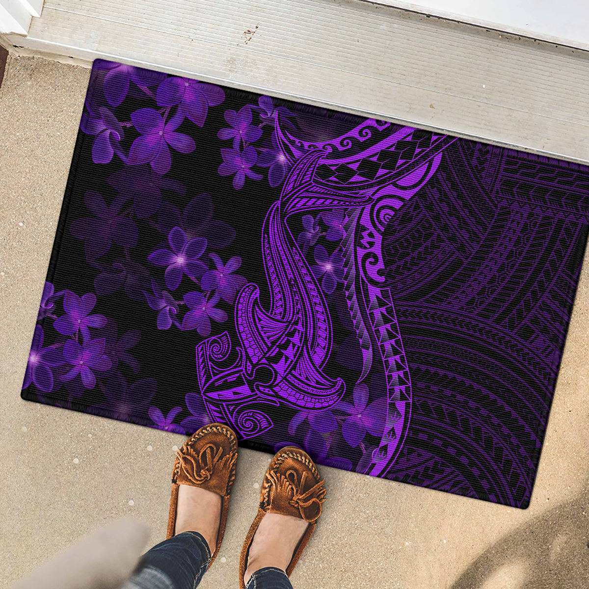 Purple Polynesia Shark Tattoo Rubber Doormat With Polynesian Plumeria - Wonder Print Shop