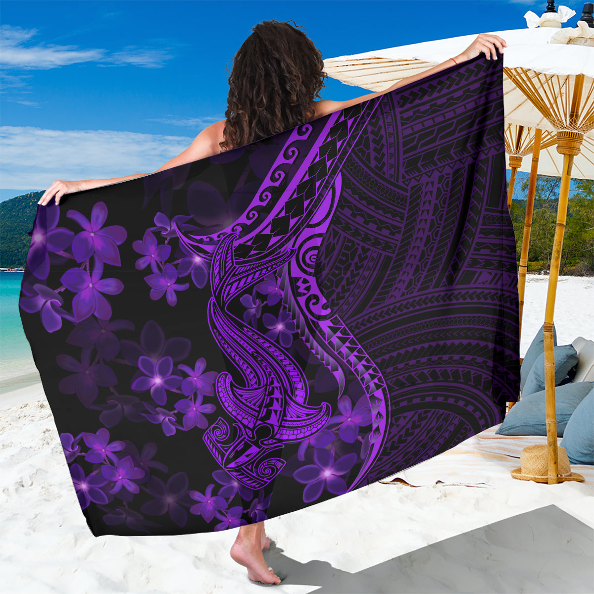 Purple Polynesia Shark Tattoo Sarong With Polynesian Plumeria - Wonder Print Shop