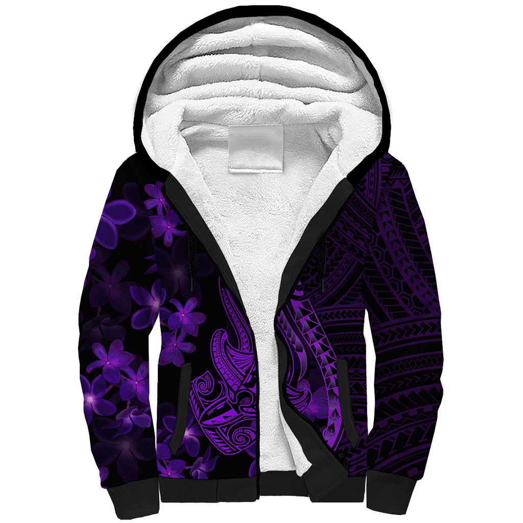 Purple Polynesia Shark Tattoo Sherpa Hoodie With Polynesian Plumeria - Wonder Print Shop