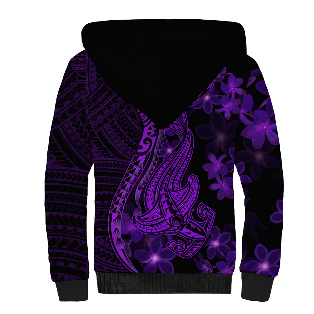 Purple Polynesia Shark Tattoo Sherpa Hoodie With Polynesian Plumeria - Wonder Print Shop
