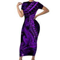 Purple Polynesia Shark Tattoo Short Sleeve Bodycon Dress With Polynesian Plumeria - Wonder Print Shop