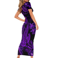 Purple Polynesia Shark Tattoo Short Sleeve Bodycon Dress With Polynesian Plumeria - Wonder Print Shop