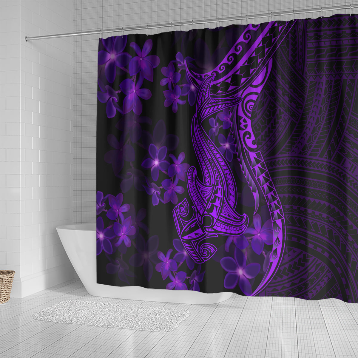 purple-polynesia-shark-tattoo-shower-curtain-with-polynesian-plumeria