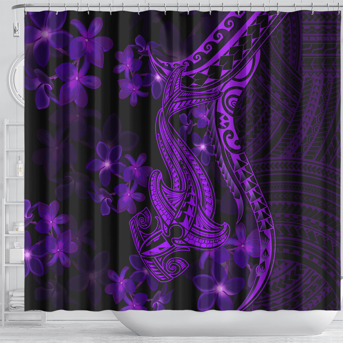 purple-polynesia-shark-tattoo-shower-curtain-with-polynesian-plumeria