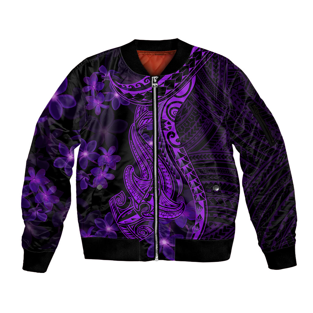 Purple Polynesia Shark Tattoo Sleeve Zip Bomber Jacket With Polynesian Plumeria - Wonder Print Shop