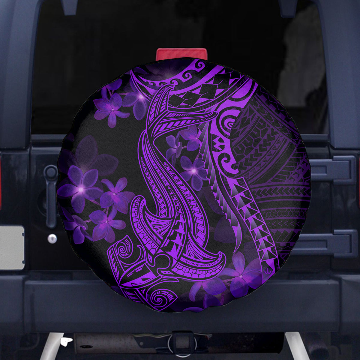 Purple Polynesia Shark Tattoo Spare Tire Cover With Polynesian Plumeria - Wonder Print Shop