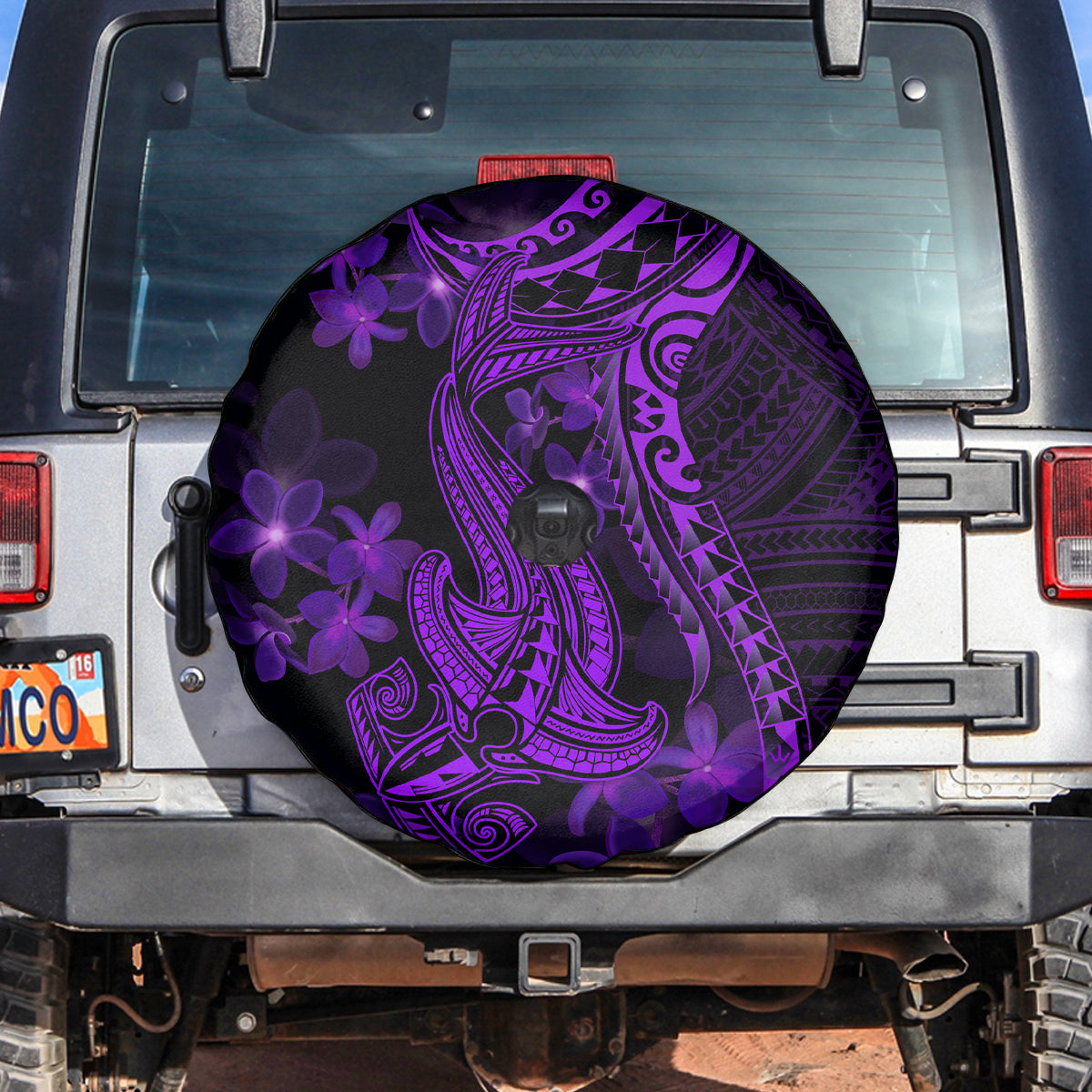 Purple Polynesia Shark Tattoo Spare Tire Cover With Polynesian Plumeria - Wonder Print Shop