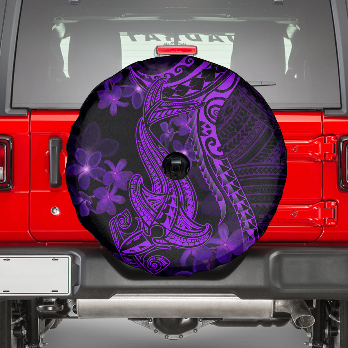 Purple Polynesia Shark Tattoo Spare Tire Cover With Polynesian Plumeria - Wonder Print Shop