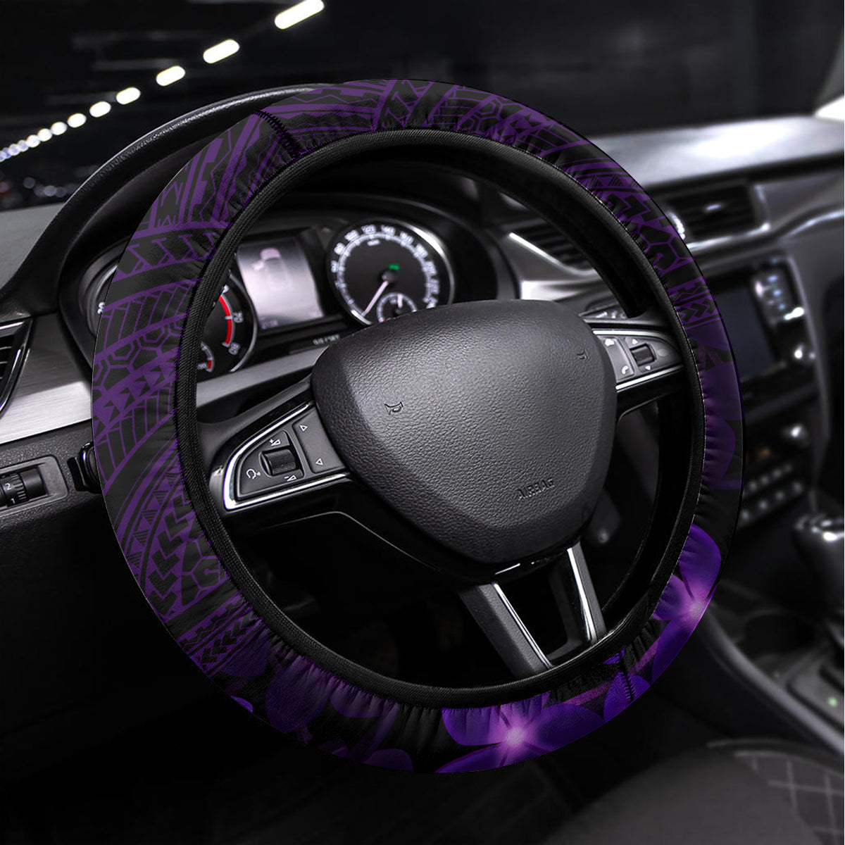 Purple Polynesia Shark Tattoo Steering Wheel Cover With Polynesian Plumeria - Wonder Print Shop
