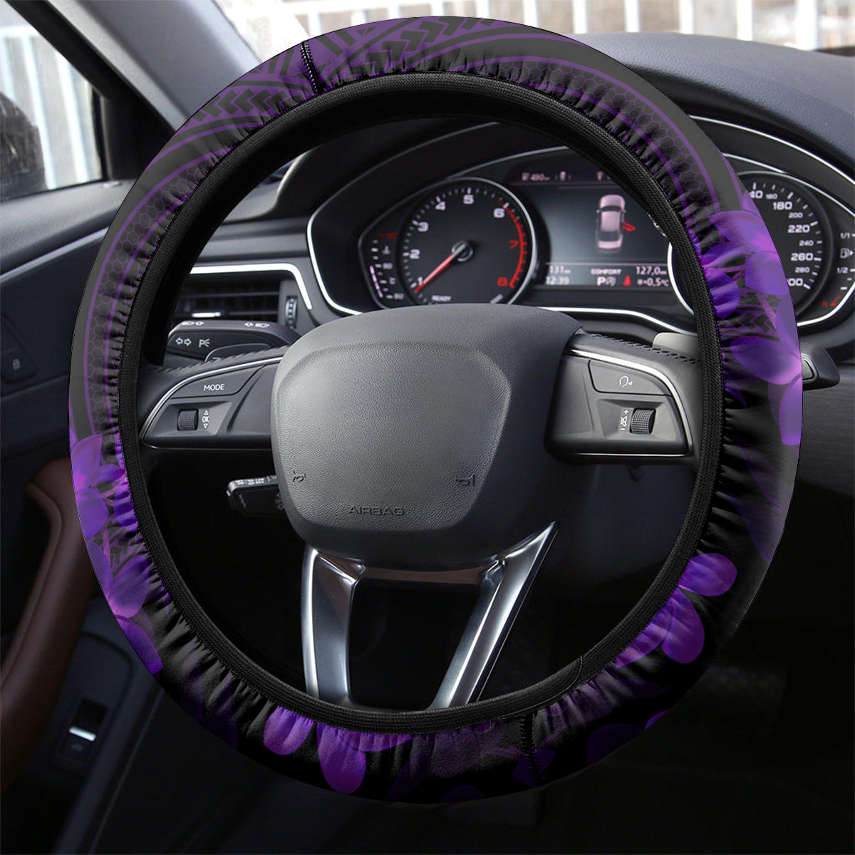 Purple Polynesia Shark Tattoo Steering Wheel Cover With Polynesian Plumeria - Wonder Print Shop