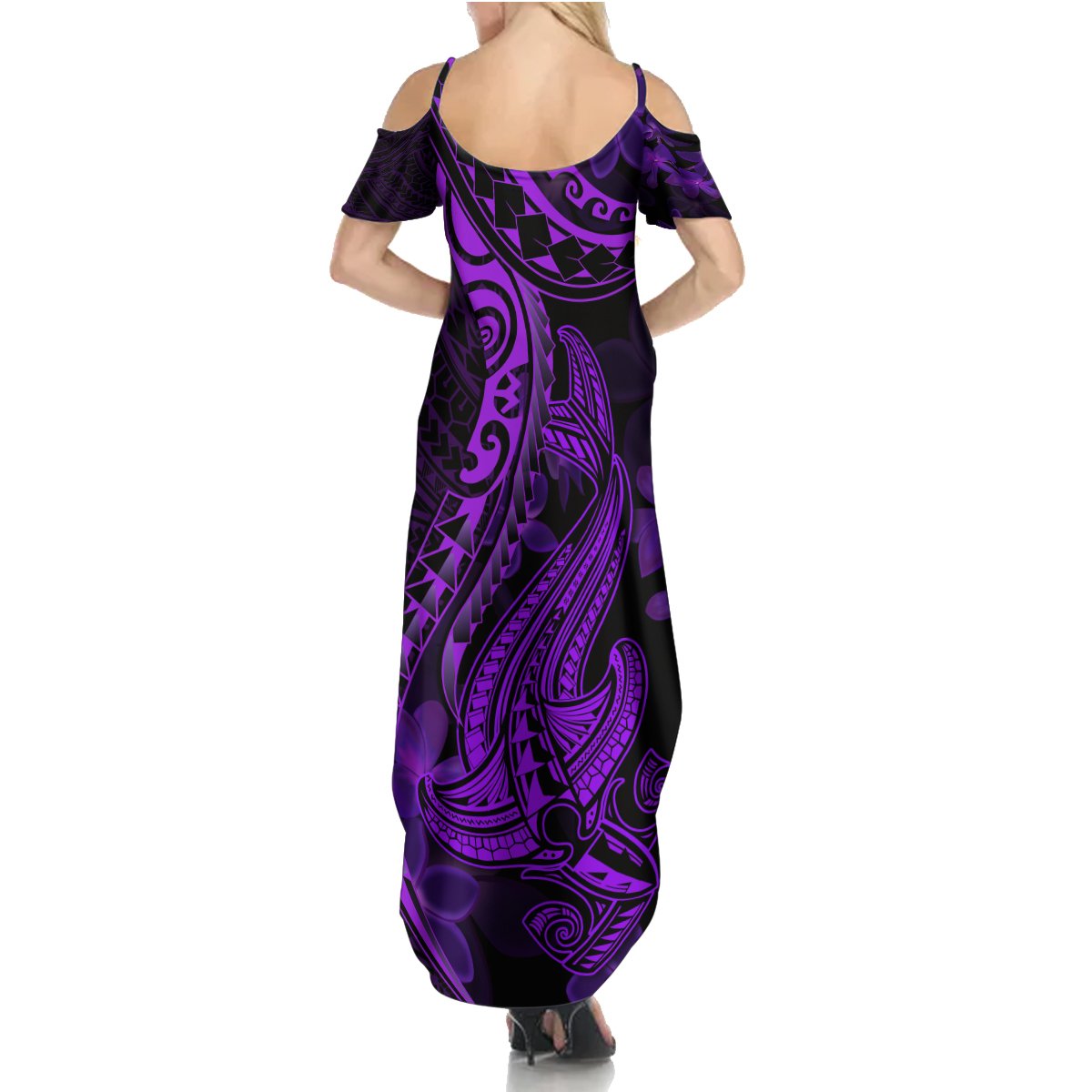 Purple Polynesia Shark Tattoo Summer Maxi Dress With Polynesian Plumeria - Wonder Print Shop