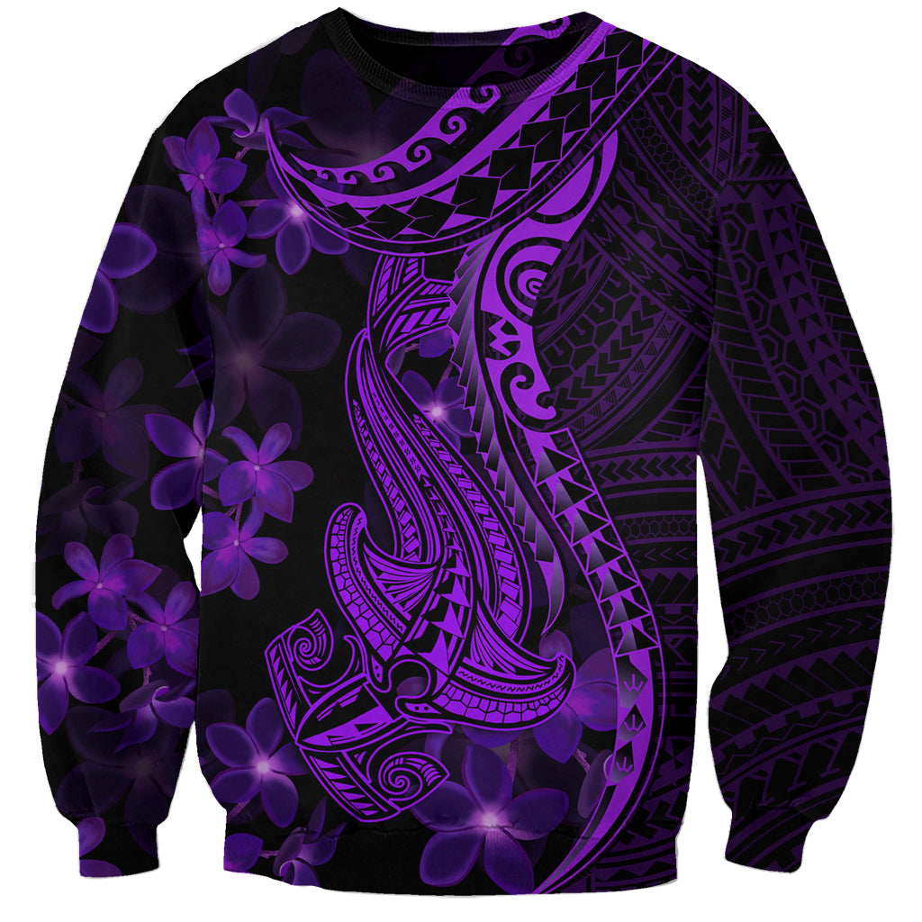 Purple Polynesia Shark Tattoo Sweatshirt With Polynesian Plumeria - Wonder Print Shop