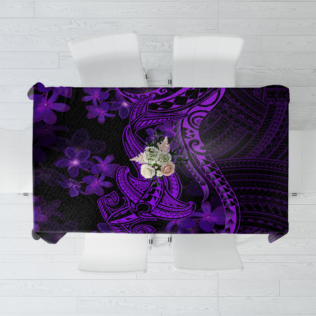 Purple Polynesia Shark Tattoo Tablecloth With Polynesian Plumeria - Wonder Print Shop