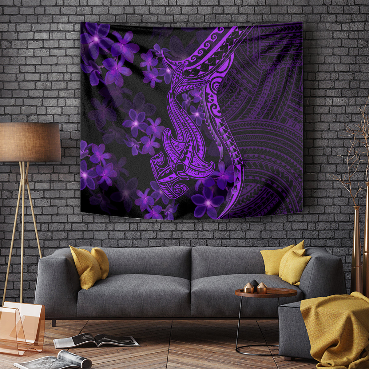 Purple Polynesia Shark Tattoo Tapestry With Polynesian Plumeria - Wonder Print Shop