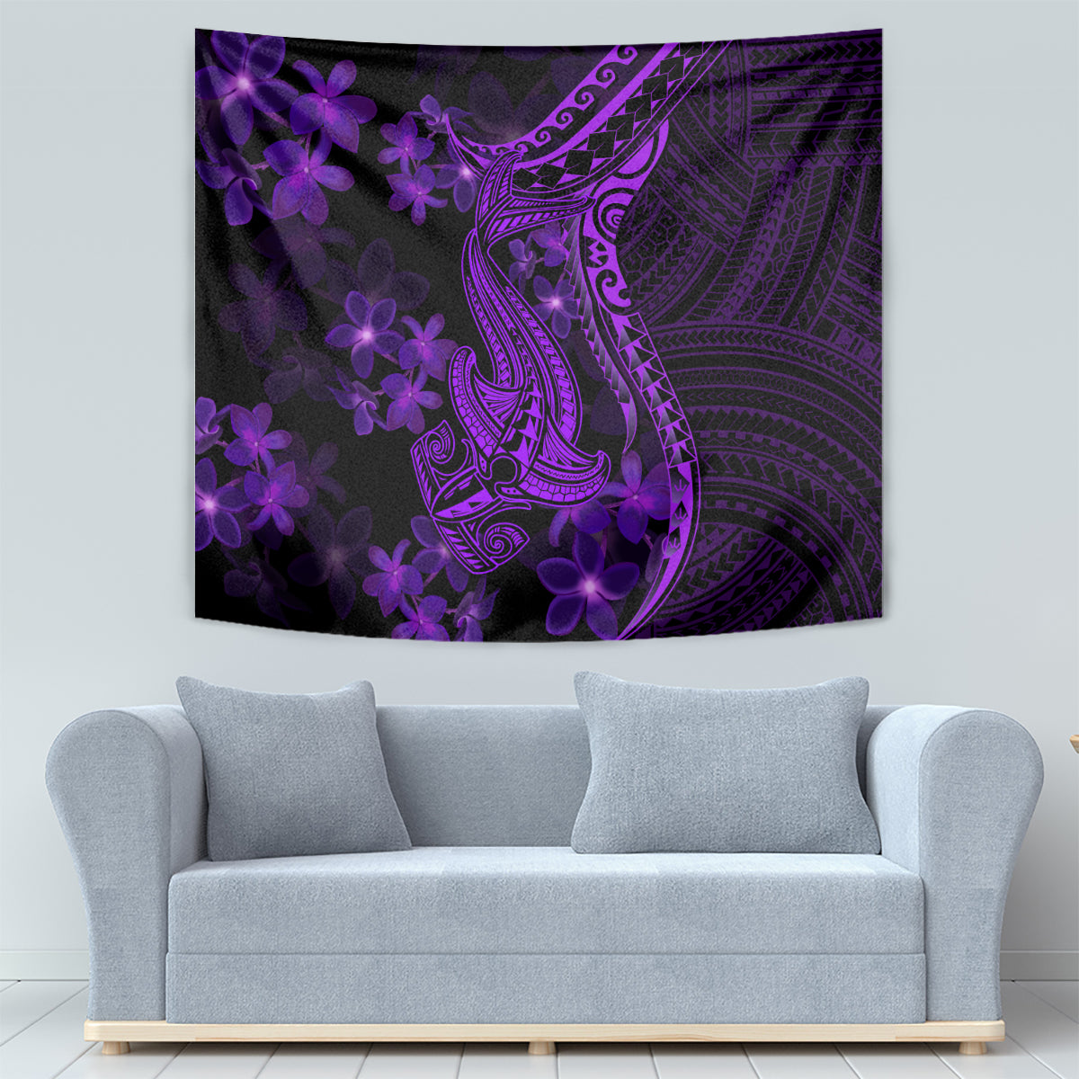 Purple Polynesia Shark Tattoo Tapestry With Polynesian Plumeria - Wonder Print Shop
