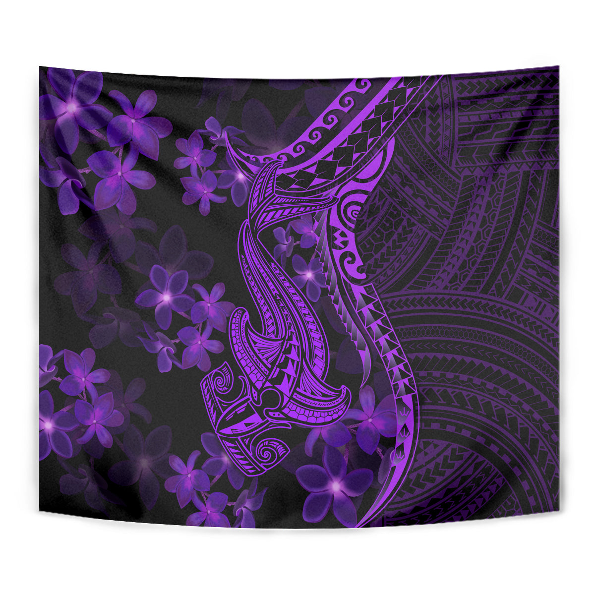 Purple Polynesia Shark Tattoo Tapestry With Polynesian Plumeria - Wonder Print Shop