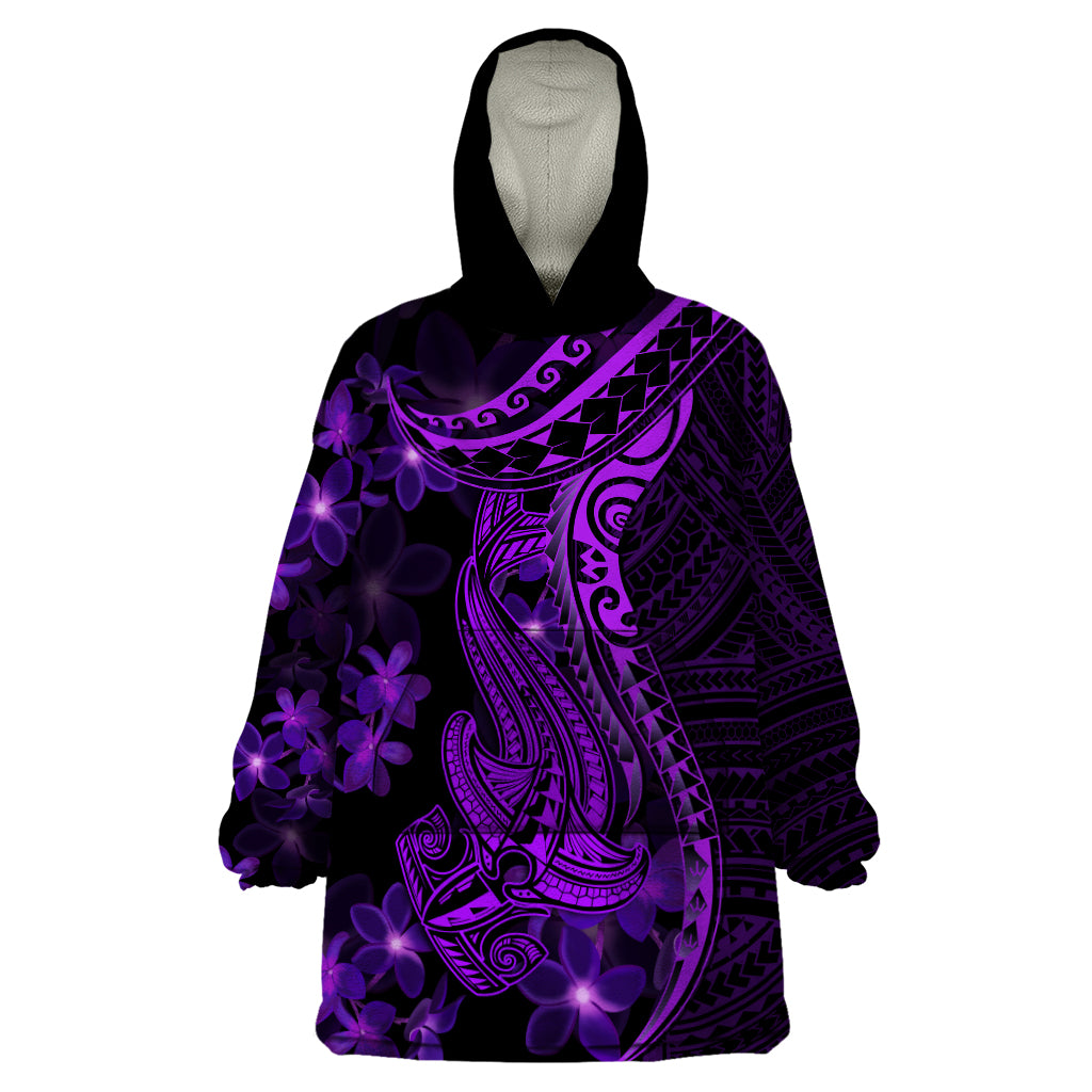 Purple Polynesia Shark Tattoo Wearable Blanket Hoodie With Polynesian Plumeria - Wonder Print Shop