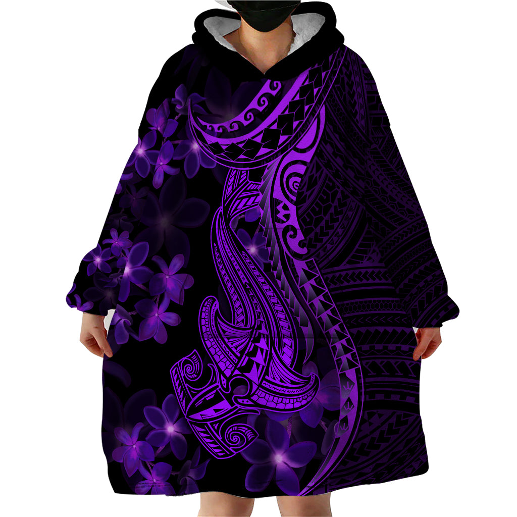 Purple Polynesia Shark Tattoo Wearable Blanket Hoodie With Polynesian Plumeria - Wonder Print Shop