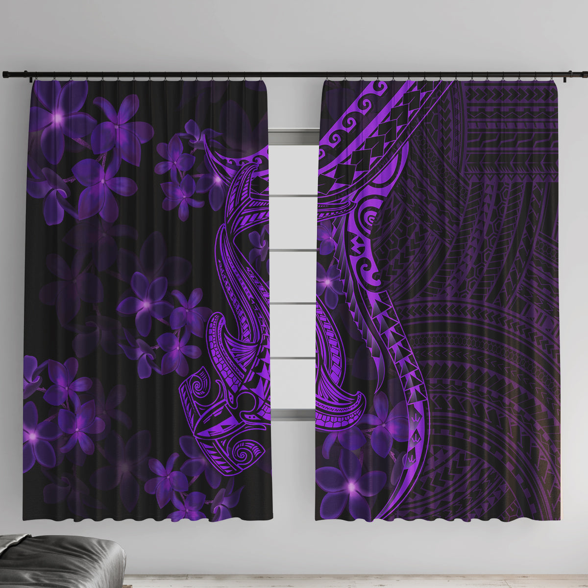 Purple Polynesia Shark Tattoo Window Curtain With Polynesian Plumeria - Wonder Print Shop