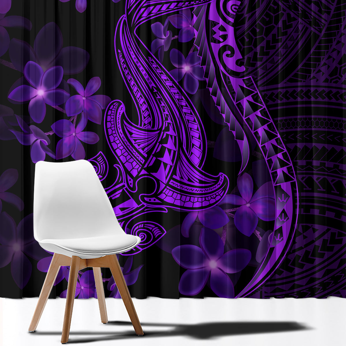 Purple Polynesia Shark Tattoo Window Curtain With Polynesian Plumeria - Wonder Print Shop