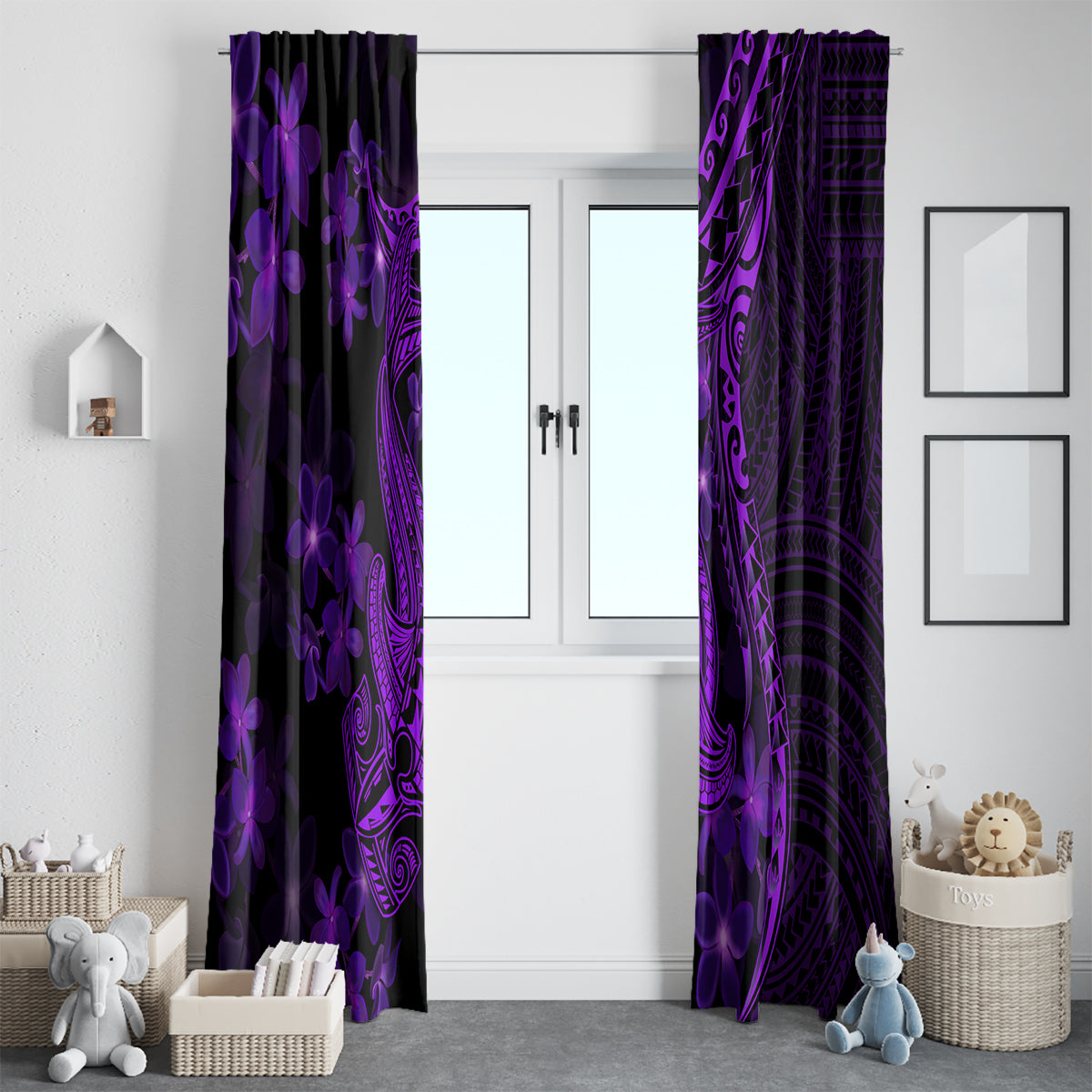 Purple Polynesia Shark Tattoo Window Curtain With Polynesian Plumeria - Wonder Print Shop