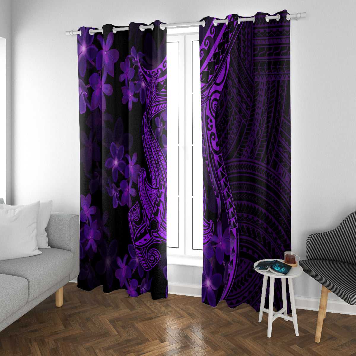 Purple Polynesia Shark Tattoo Window Curtain With Polynesian Plumeria - Wonder Print Shop