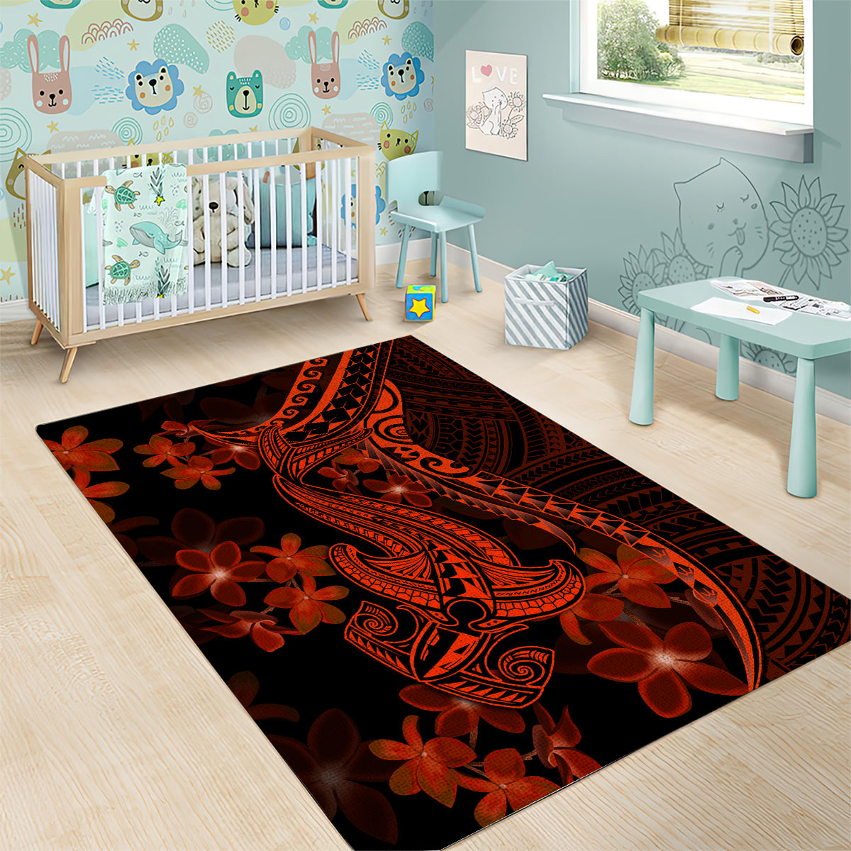 Red Polynesia Area Rug Shark Tattoo With Polynesian Plumeria - Wonder Print Shop