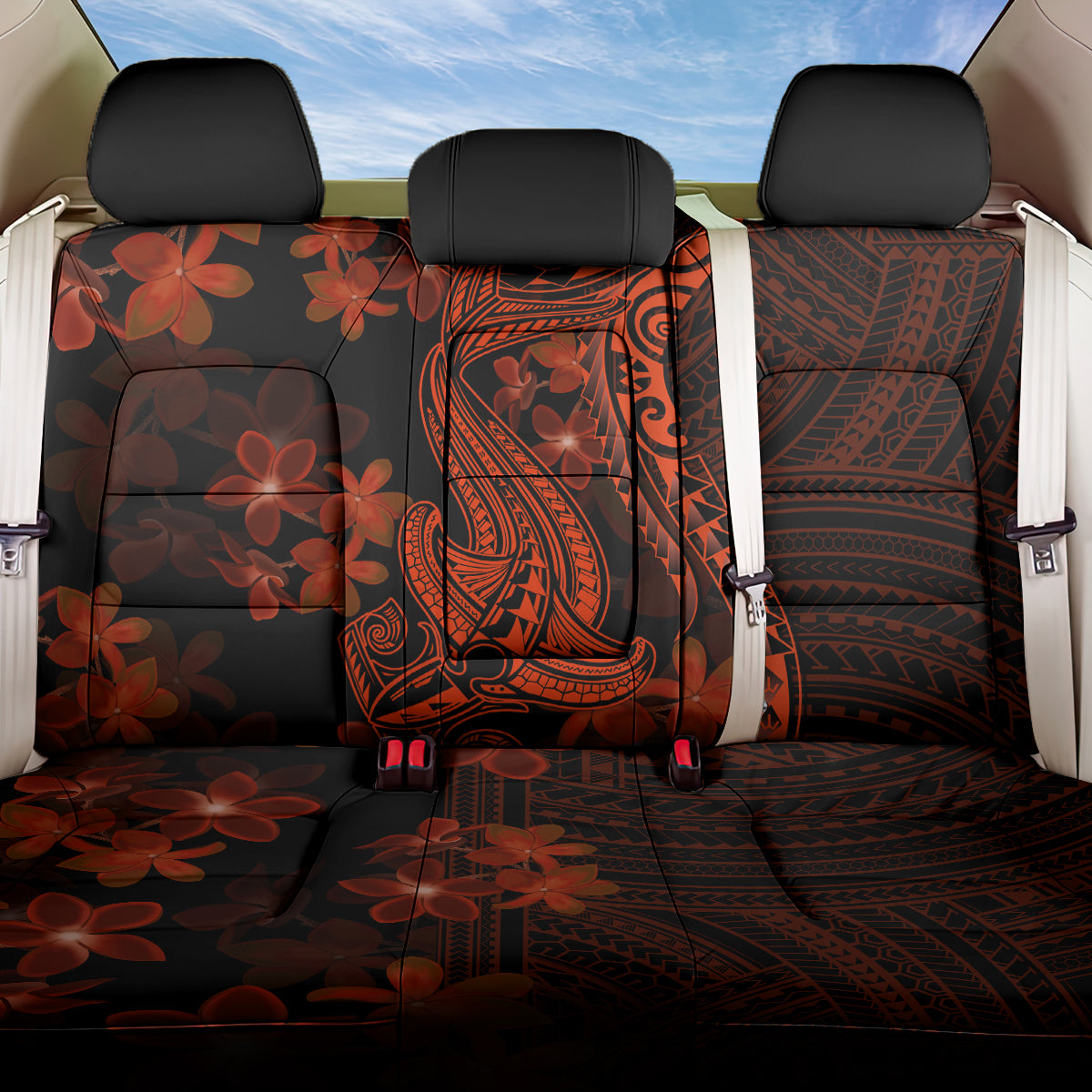 Red Polynesia Back Car Seat Cover Shark Tattoo With Polynesian Plumeria - Wonder Print Shop