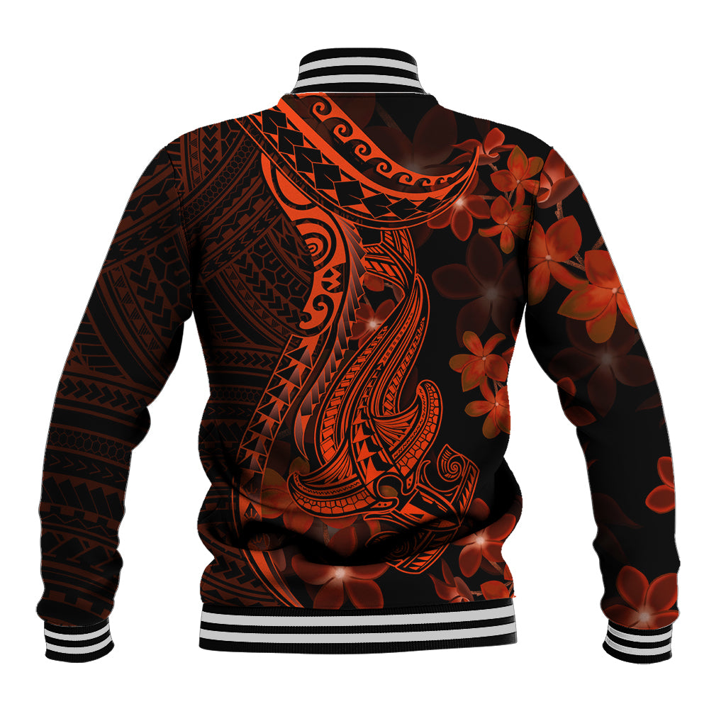 Red Polynesia Baseball Jacket Shark Tattoo With Polynesian Plumeria - Wonder Print Shop