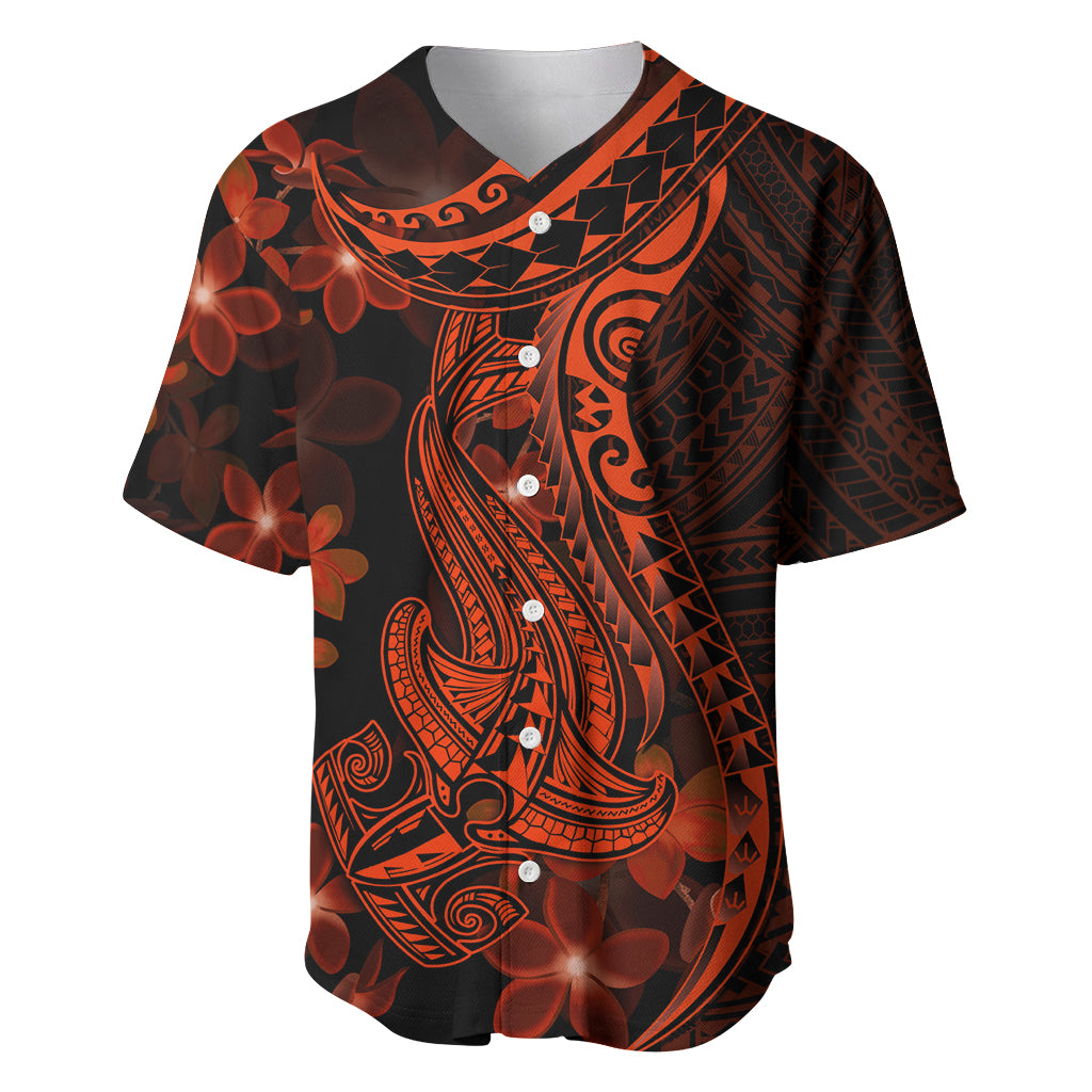 Red Polynesia Baseball Jersey Shark Tattoo With Polynesian Plumeria - Wonder Print Shop