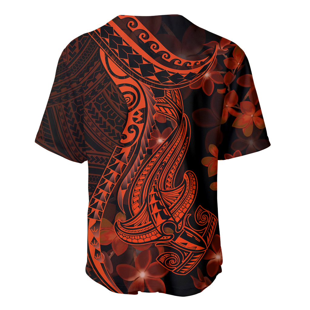 Red Polynesia Baseball Jersey Shark Tattoo With Polynesian Plumeria - Wonder Print Shop