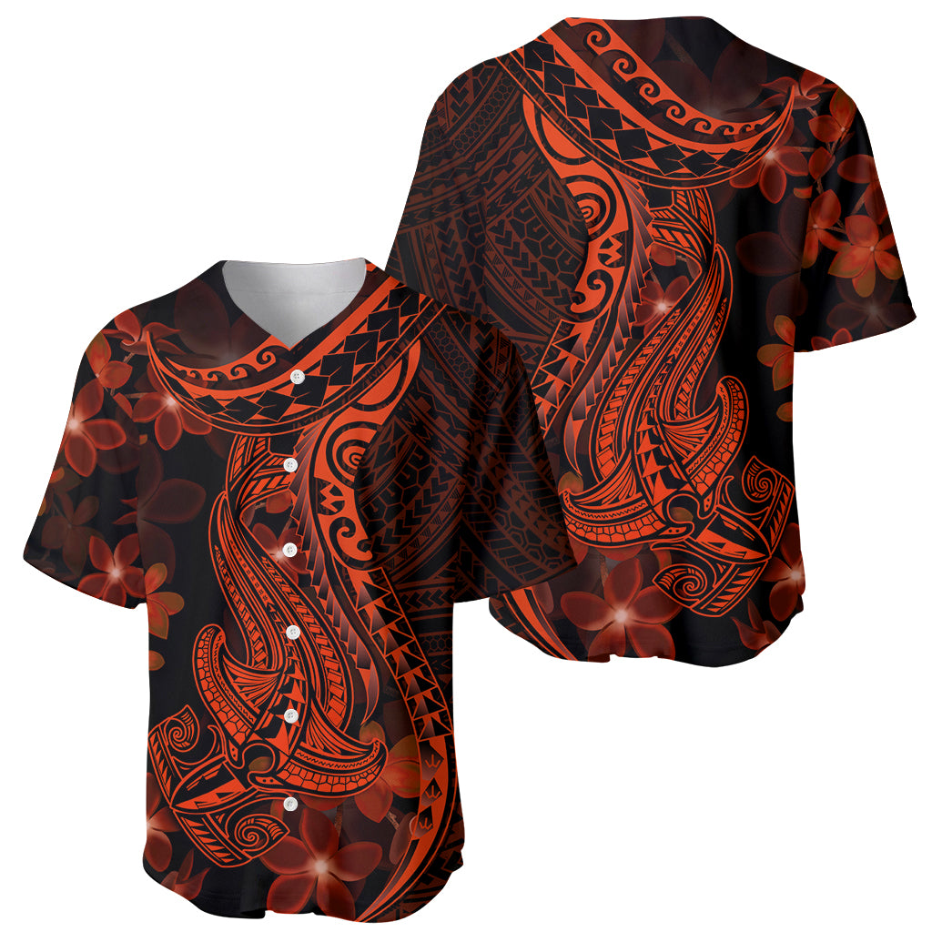 Red Polynesia Baseball Jersey Shark Tattoo With Polynesian Plumeria - Wonder Print Shop