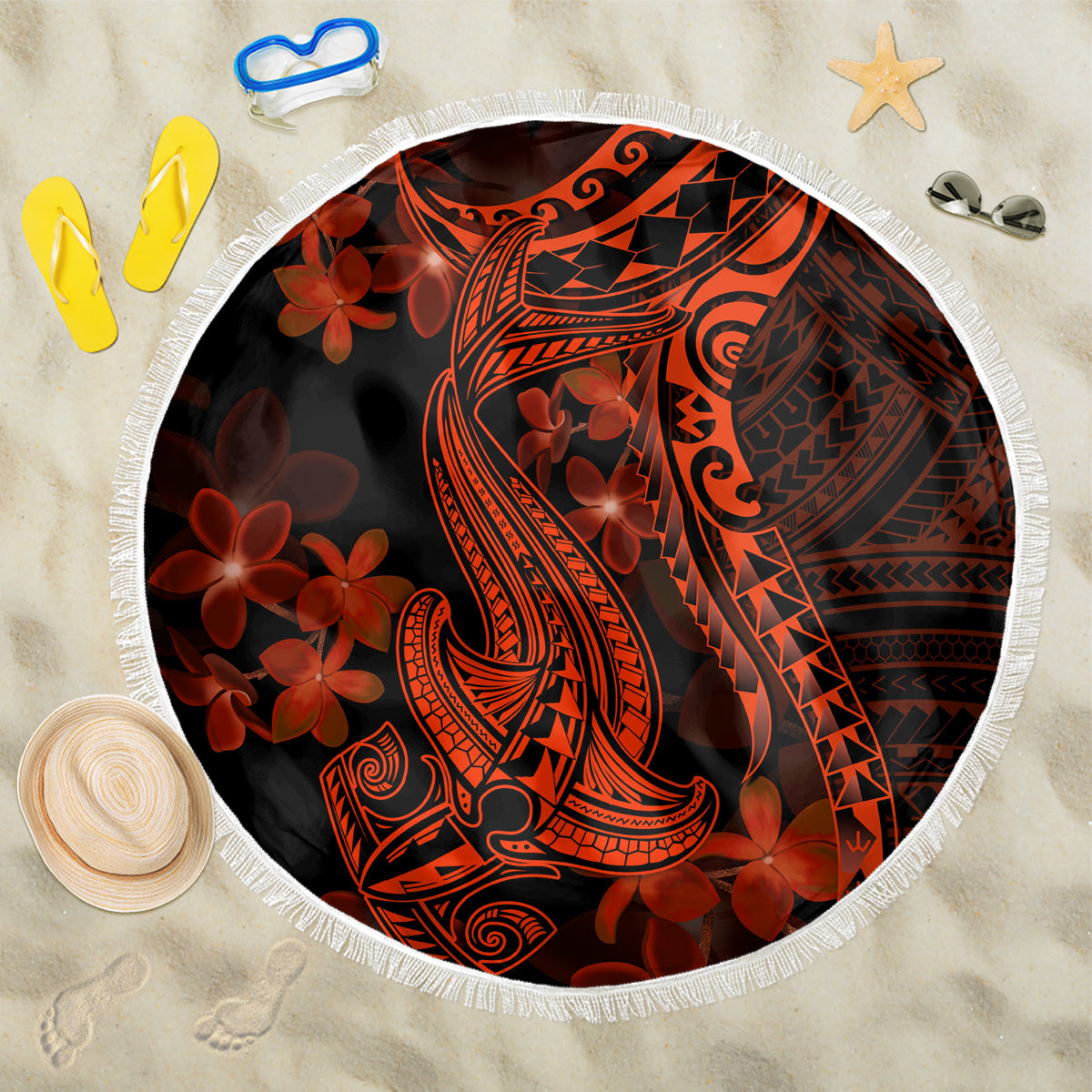 Red Polynesia Beach Blanket Shark Tattoo With Polynesian Plumeria - Wonder Print Shop