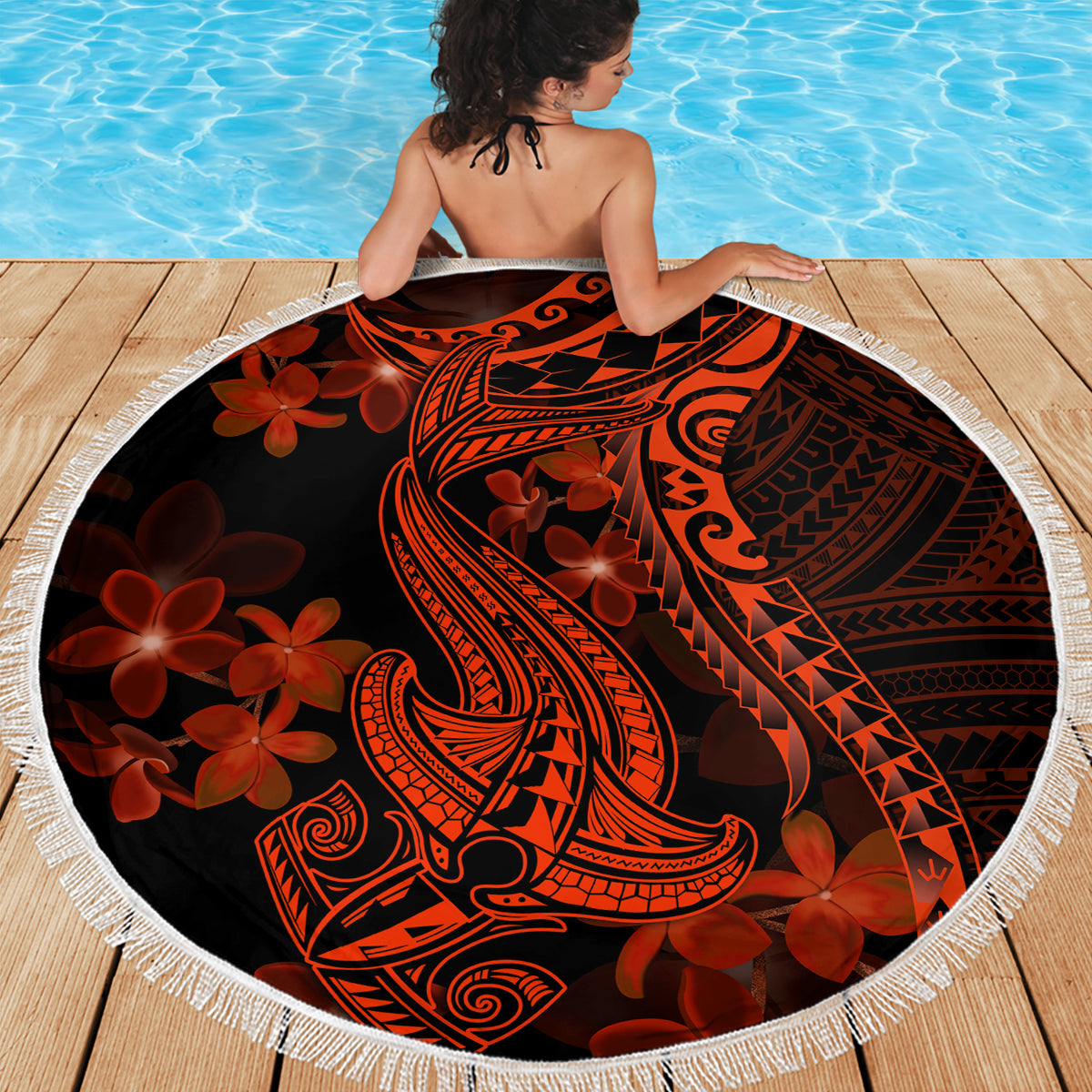 Red Polynesia Beach Blanket Shark Tattoo With Polynesian Plumeria - Wonder Print Shop
