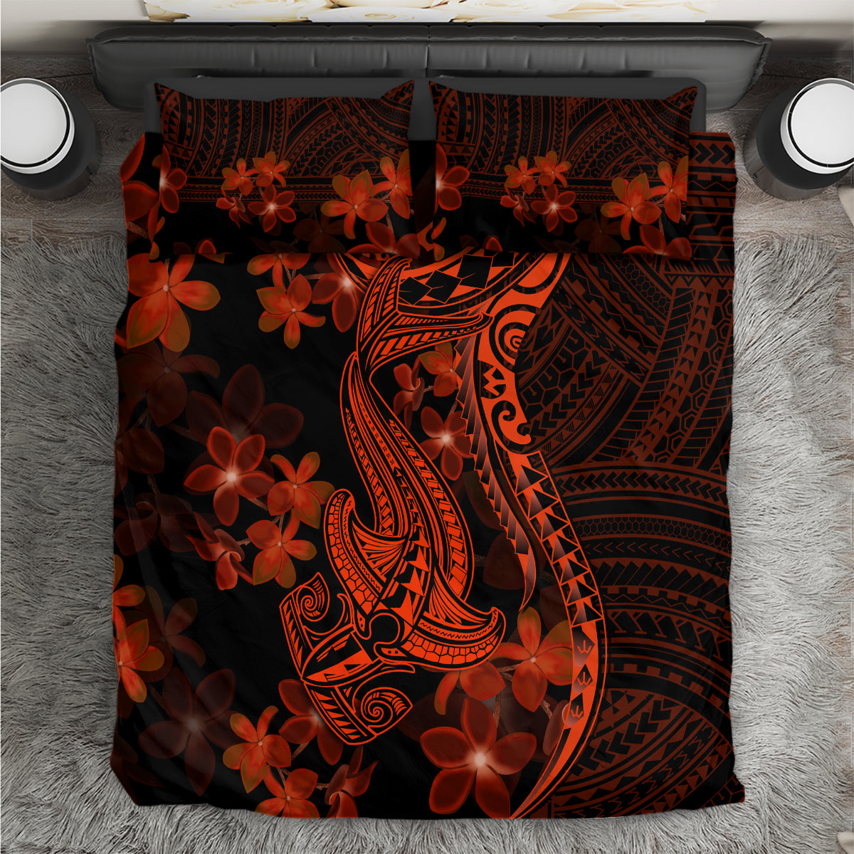 Red Polynesia Bedding Set Shark Tattoo With Polynesian Plumeria - Wonder Print Shop