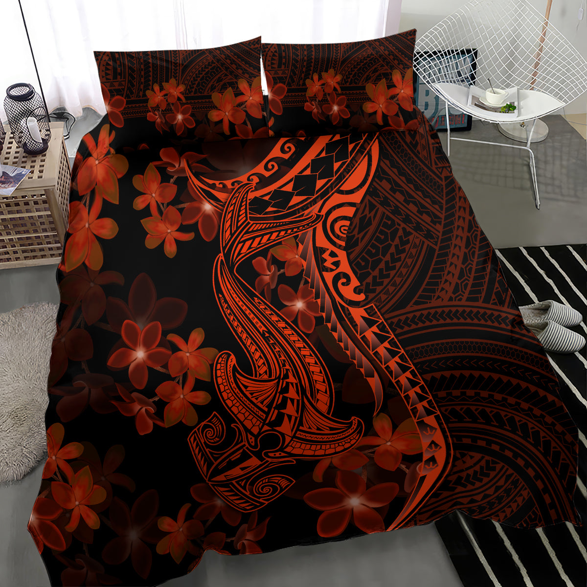 Red Polynesia Bedding Set Shark Tattoo With Polynesian Plumeria - Wonder Print Shop