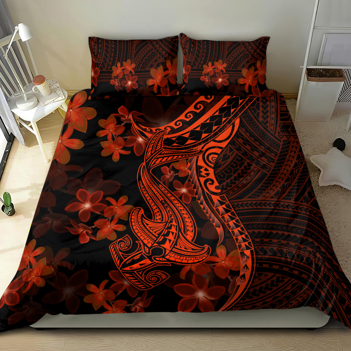 Red Polynesia Bedding Set Shark Tattoo With Polynesian Plumeria - Wonder Print Shop