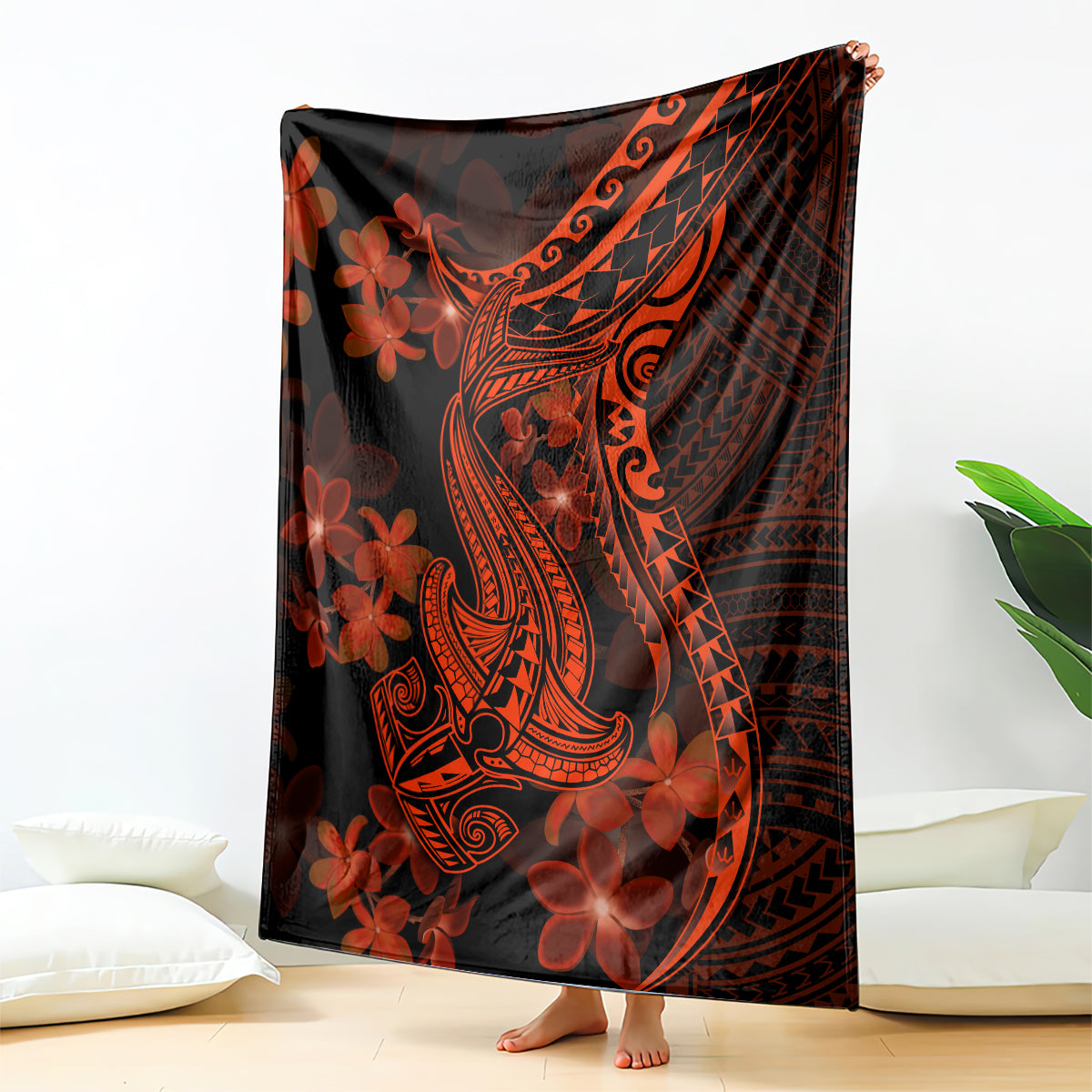 red-polynesia-blanket-shark-tattoo-with-polynesian-plumeria