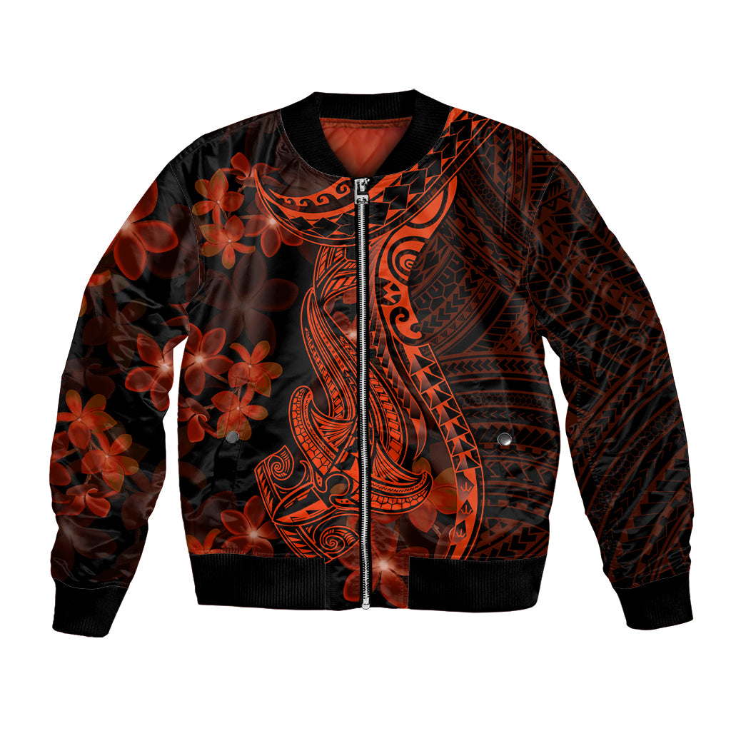 Red Polynesia Bomber Jacket Shark Tattoo With Polynesian Plumeria - Wonder Print Shop