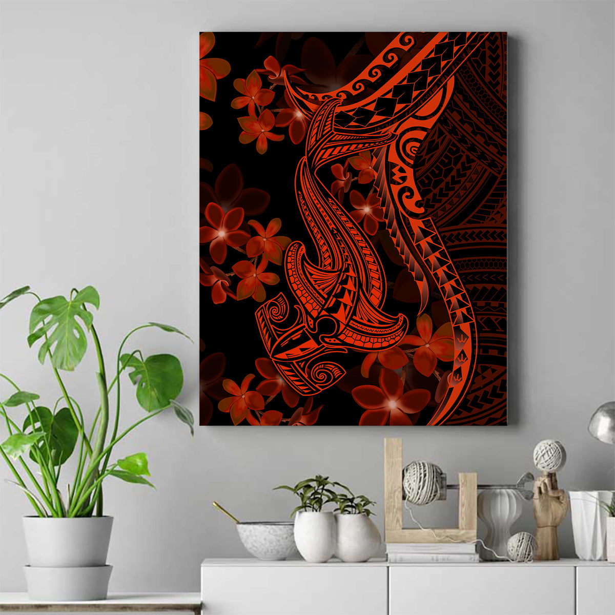Red Polynesia Canvas Wall Art Shark Tattoo With Polynesian Plumeria - Wonder Print Shop